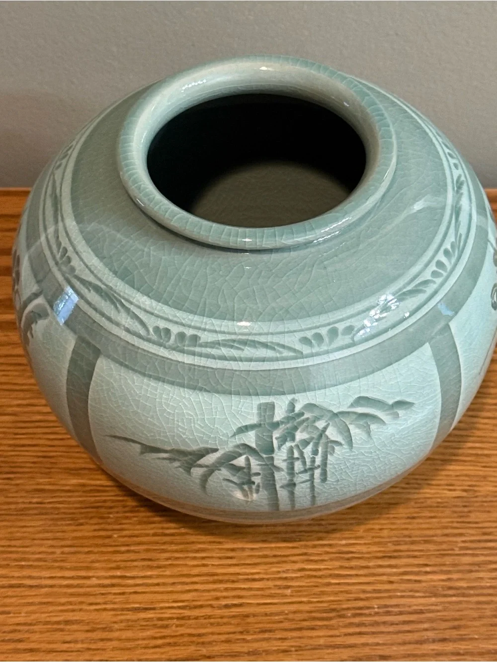 Korean Celadon Vase Green Floral Bamboo Design 7 inch tall x 22 inch Approx Dia
